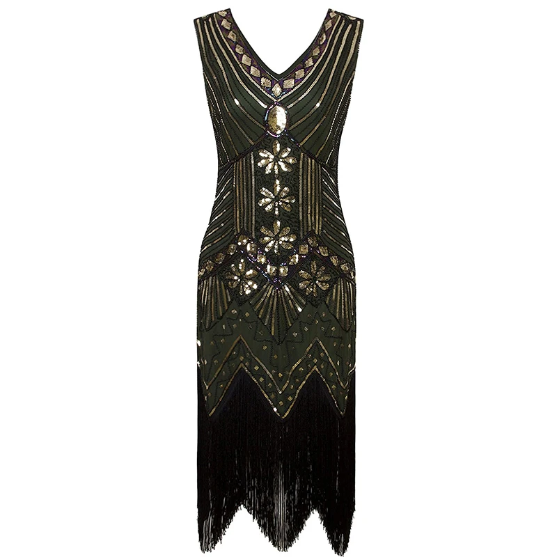 

Hot sale women's vintage V-neck plus size gatsby women sequin beaded evening dress, Can be customized