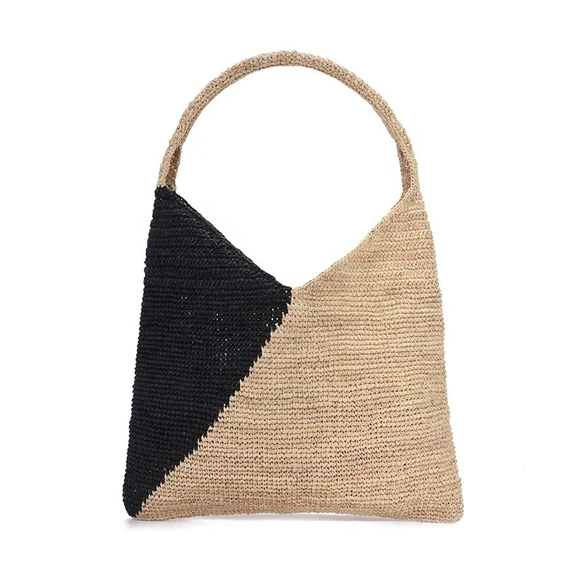 

Hand Made Fine Raffia Straw Beach Bag for Woman Summer Travelling Dress Lady Crochet Paper Straw Two Tone tote Bag