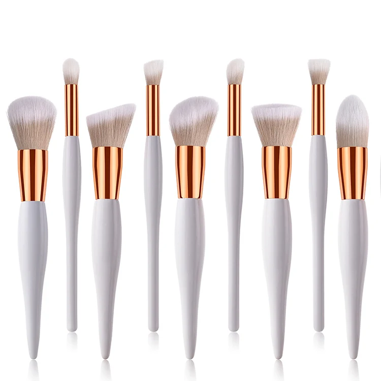 

factory private logo 10pcs white wooden handle synthetic hair cosmetic brushes