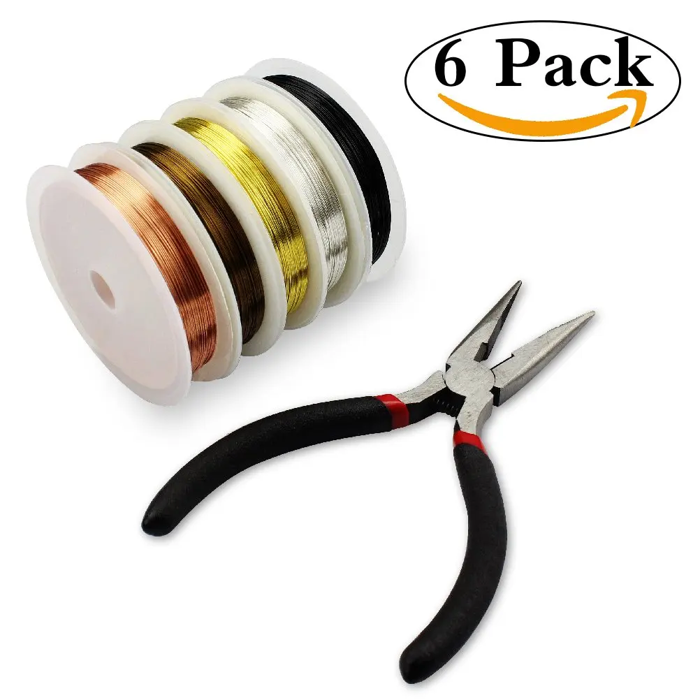 Jewelry Making Wire,HBlife 5 Rolls 26 Gauge Copper Wire Tarnish Resistant Jewelry Beading Wire with Cutting Pliers for Crafts Jewelry Making Supplies, 5 Assorted Colors, Totally 55 Yards