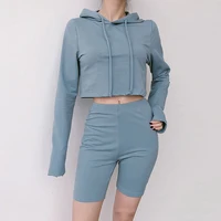 

Wholesale Women Sports 2 Pieces Crop Top Hoodie Shorts Set