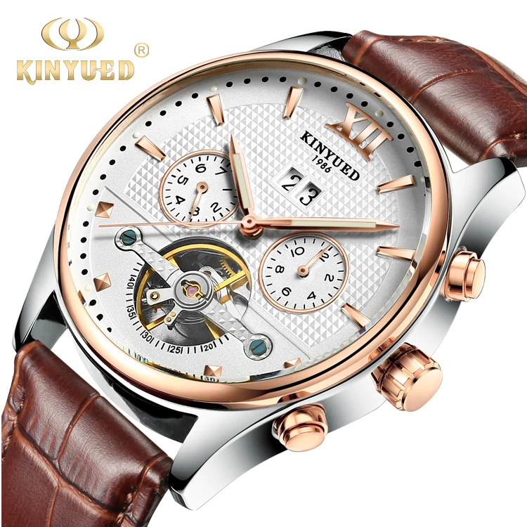 

KINYUED hot selling online custom logo genuine leather water-proof watch wristwatch Tourbillon mechanical movement mens