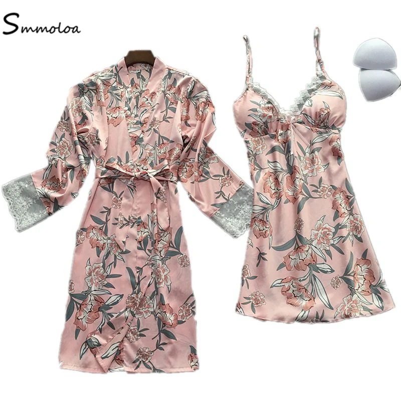 

Smmoloa Women Silk Robe Night Sets 2 Piece Sets Satin Robe Sets New, As picture