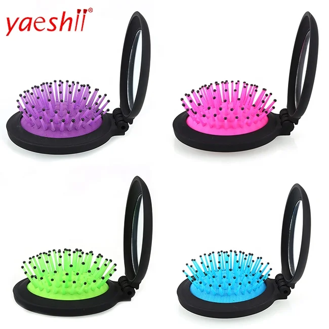 

Yaeshii Girls Portable Mini Folding Massage Comb Airbag Massage Round Travel Hair brush With Mirror Anti-static Rainbow Comb