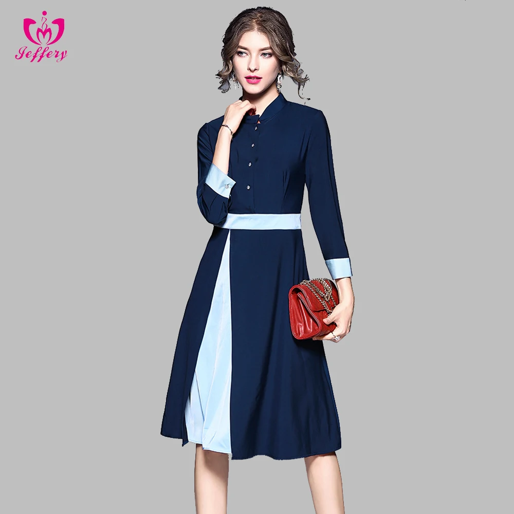 

New stand-collar collision color stitching temperament all types ladies dresses, As pic