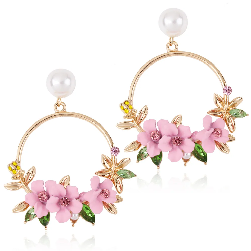 

2018 Free Shipping Ins Celebrity South Korean Japanese Style Pearl Stud Gold Hoop Flower Earrings, Pink;purple