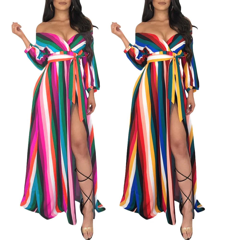 

FM-S3392 Women's sexy stripes fashion autumn long sleeve back hollow long women dresses sexy, As the pics