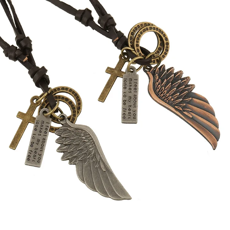 

Punk leather men's necklace angel wing pendant necklace