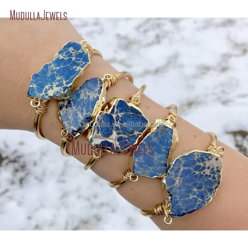 

BM11266 Royal Blue Ocean Jasper Charm Bracelet Gold Plated Raw Ocean Jasper Slab Cuff Bangle Boho Jewelry