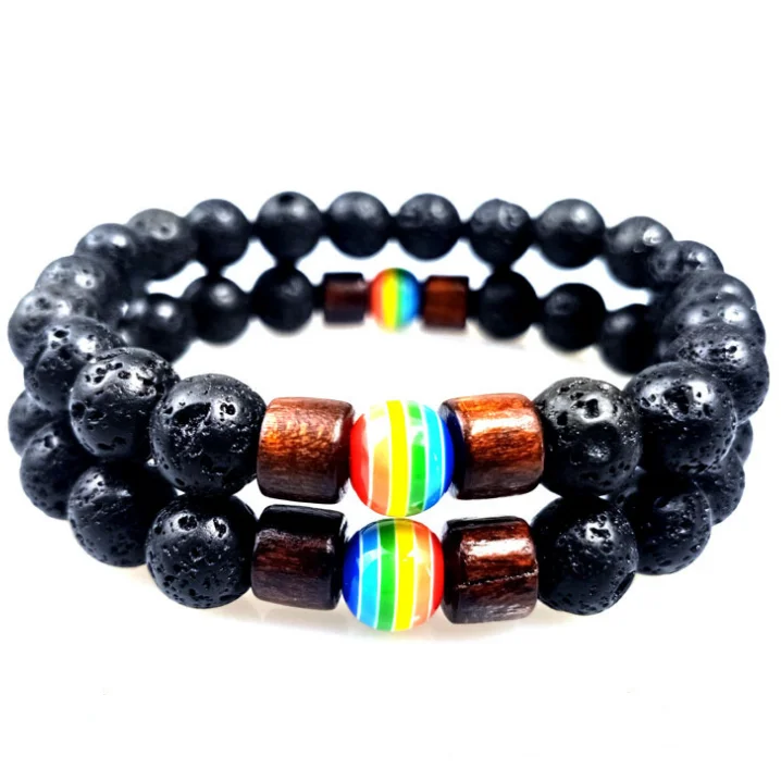 

wholesale natural lave onyx hematite gem stone with rainbow beads braided gay pride bangle bracelet jewelry, Black