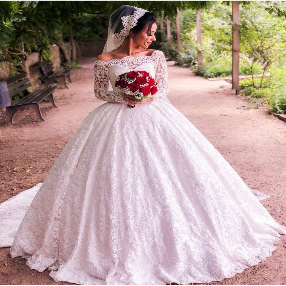 

Vestidos De Novia 2019 Long Sleeve Wedding Dress Elegant Lace Wedding Ball Gown Long Train Bride Dress gelinlik, Custom made