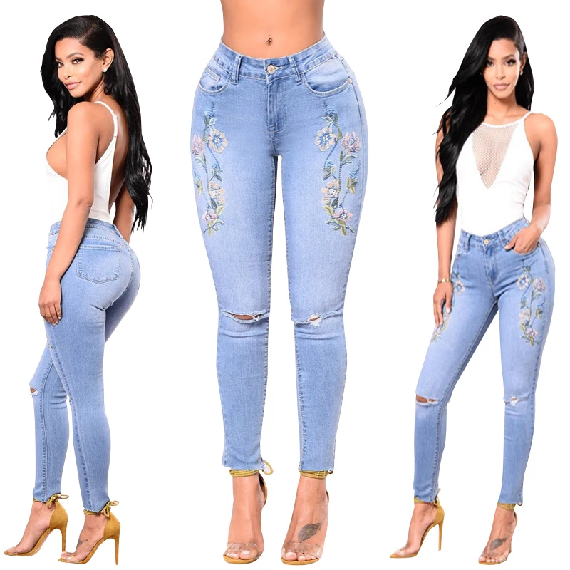 Women New Fashion Light Blue Ripped Embroidery Floral Bulk Wholesale Jeans Light Blue Plus Size Pants Skinny Denim