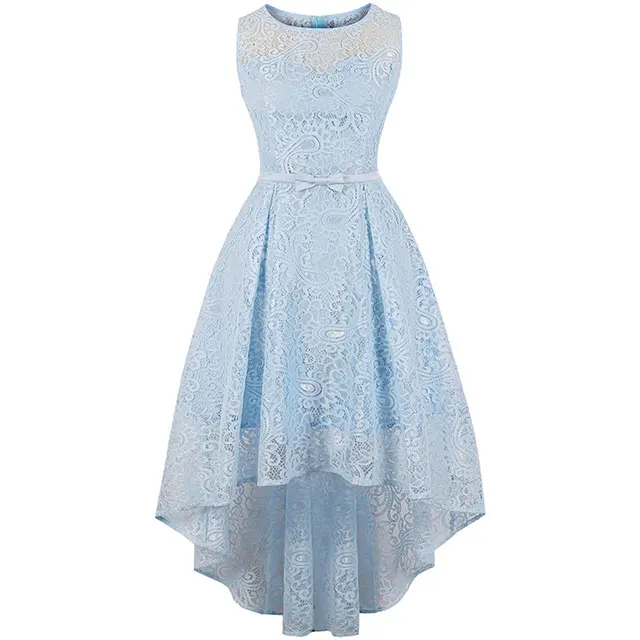 

Women Blue Floral Lace Party Long O-Neck Sleeveless Bow Dovetail Asymmetrical Formal Wedding Evening Elegant Plus Size Dress