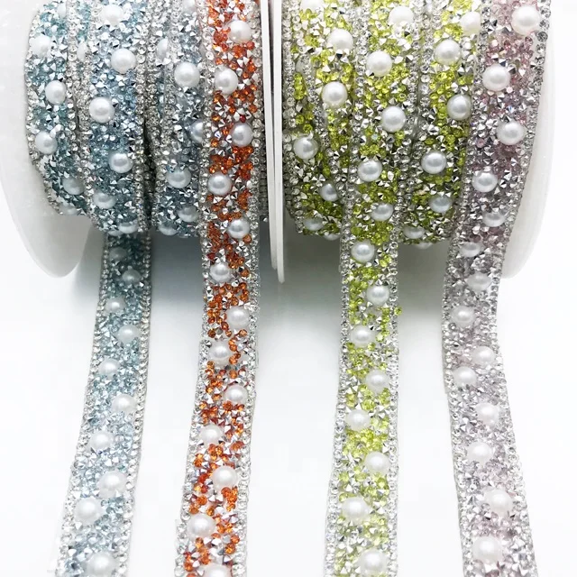 L190 1.5cm colorful resin beaded rhinestone chain trim rhinestone hot fix trimming for clothing shoes