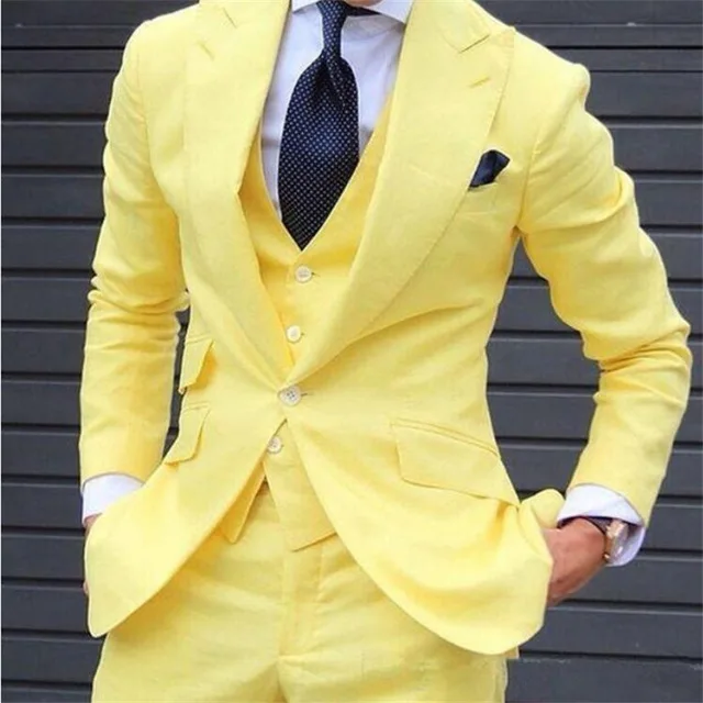 

Hot Sale Yellow Custom Made Wedding Grooms Man Fashion Suits 3 Pieces WPY042, White linen as picture