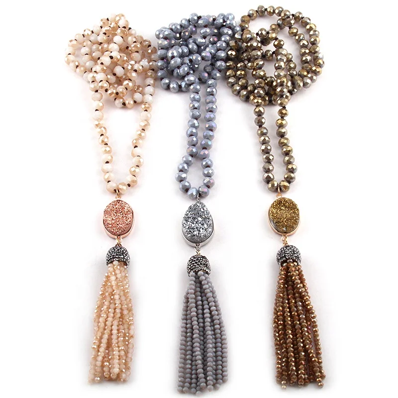 

Fashion Women Bohemian Tribal Jewelry 8mm Crystal Glass Knotted Necklace Natural Druzy Crystal Tassel Necklace