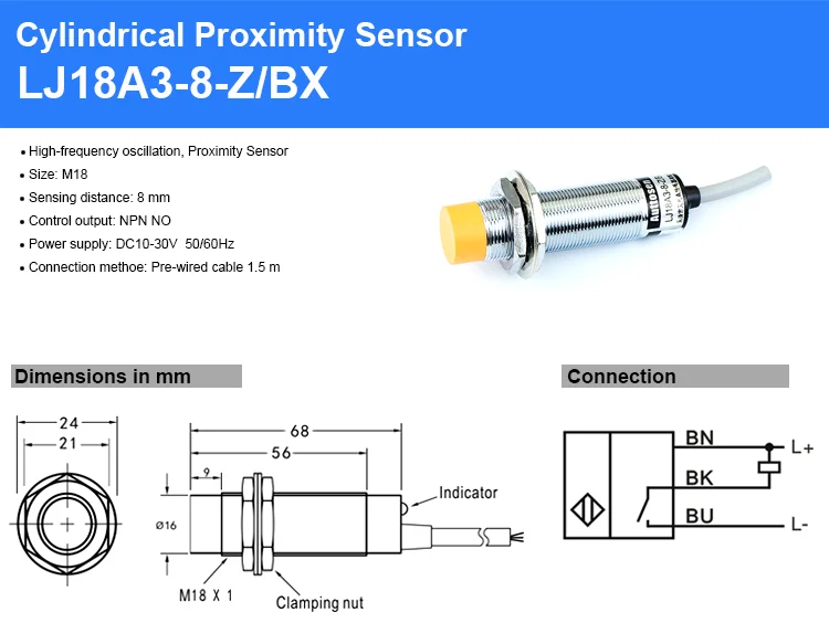 Lj18a3-8-z/bx M18 Unhielded Cylindrical Detect Metal Object 8mm Npn No ...