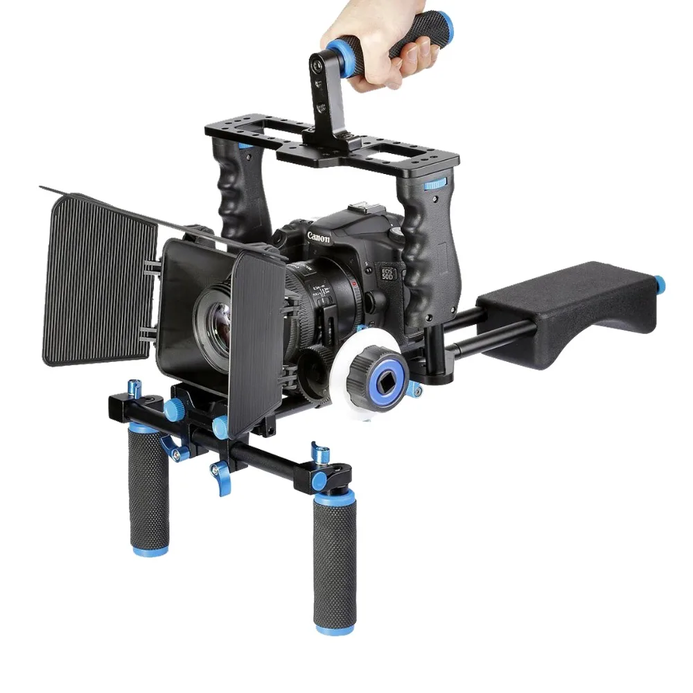 

YELANGU D221 DSLR Rig Kit With Shoulder Mount+Follow Focus+Matte Box+Camera Cage for Canon 5d Mark Ii 7d DSLR Camera, Black+blue