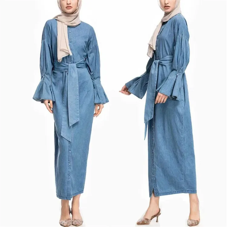 

2019 fashion bell sleeves denim abaya muslim women dress, Blue