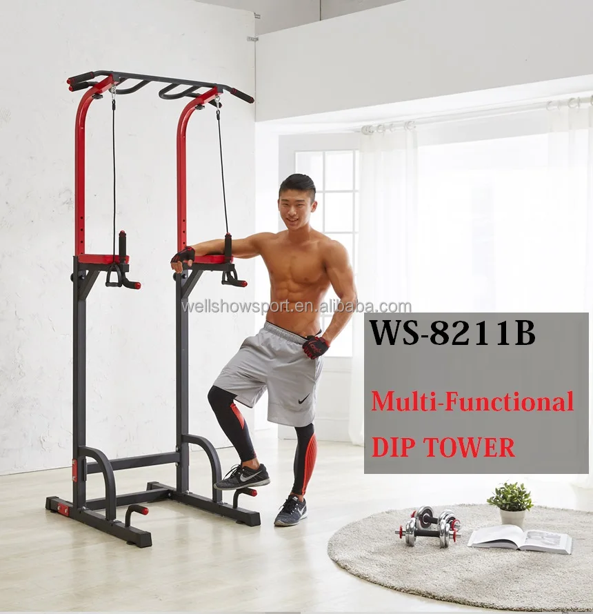

Wellshow Sport Adjustable Height Power Tower with Dip Station, Pull Up Bar Standing Gym Equipment, Black,red