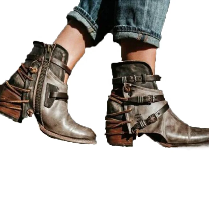 

Wholesale Casual Retro Ankle Boots Stylish Low Heels PU Zipper Boots