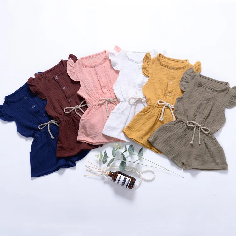 Summer Breathable soft organic cotton knitted muslin cotton flutter sleeve baby jumpsuit