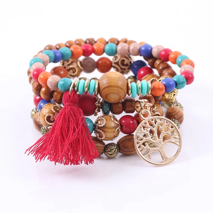 

Bohemia Tibetan Buddhist Wood Prayer Tree Of Life Tassel Crystal Bead Mala Bracelet