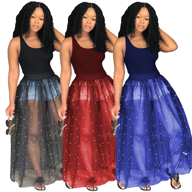 

Fluffy Sexy One Piece Tank Top TuTu Skirt With Mesh Beaded Transparent Long Flared Women Party Dresses, Black blue red