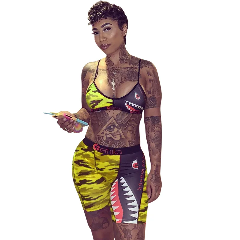 

Color Letter Camouflage Cartoon Vest Sports Lace Up O Neck Crop Top Shorts Casual Set Women Two Piece Suit