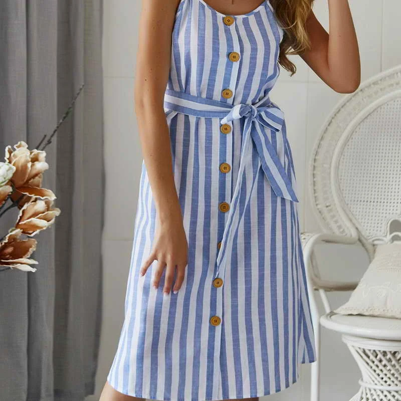 

2019 Women Stripe Summer Boho Front Button Midi Dress With Pockets Dresses, As picture