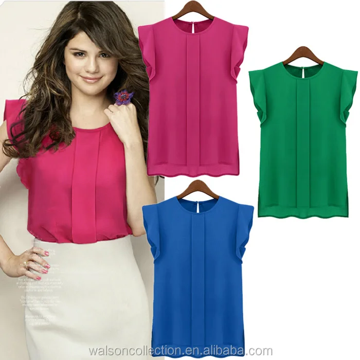 

Instyles ladies summer Casual Blouse Candy Color Loose Leisure Chiffon Short Tulip Sleeve Blouse Tops ZT001201 b Clothing