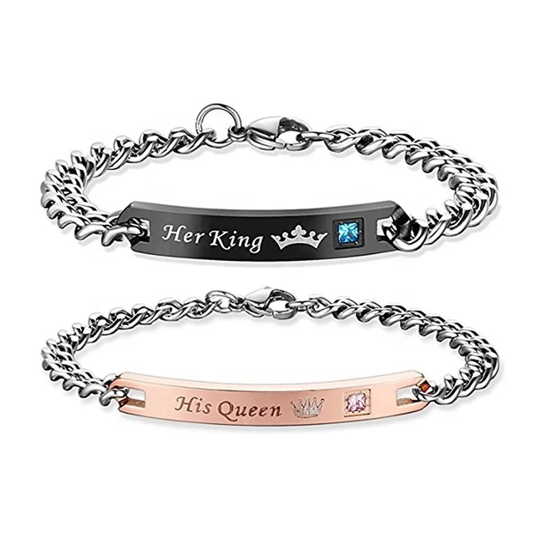 

Hot Selling Cheap Price Classic Her King His Queen 316L Stainless Steel Couple Bracelets, Rose gold;black