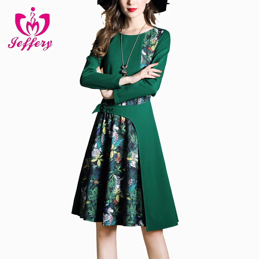 

2018 spring new women stitching printed dress long sleeve pocket Slim A word skirt party long dresses for women, As pic