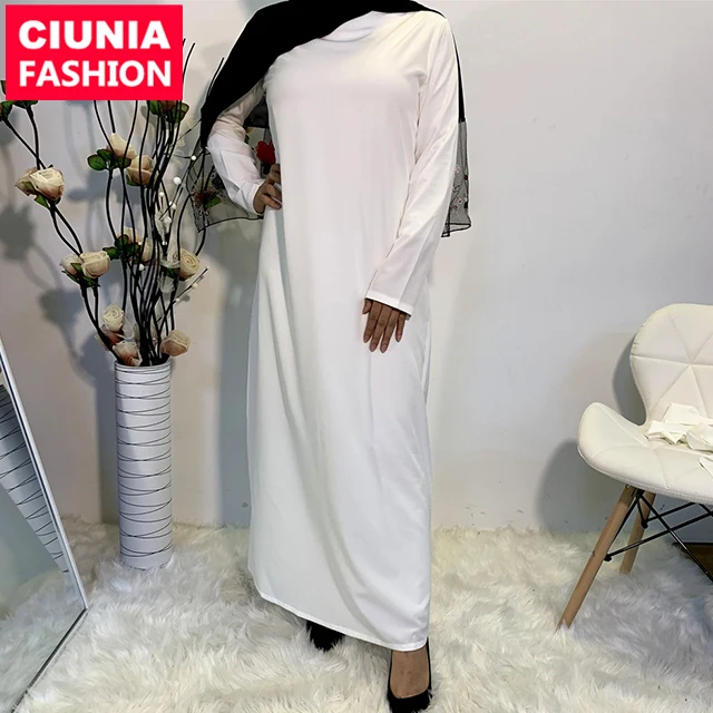 

6176# Arabic Dubai Plain White Abaya Islamic Clothing Long Sleeve Simple Inner Maxi Modest Dresses Muslim Dress For Women, White/gray/black/navy/beige/wine / customized