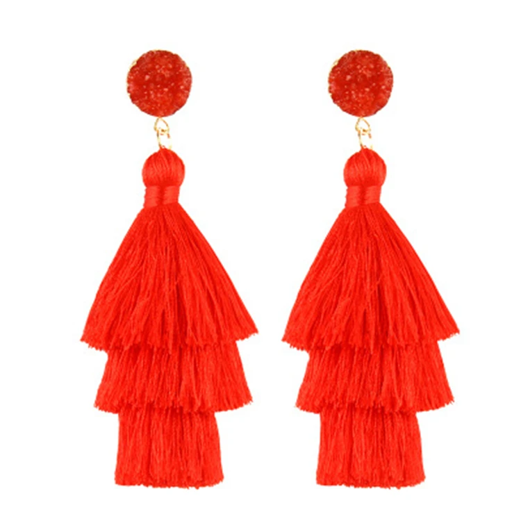 

Bohemian Three Layered Red Gemstone Tassel Earrings Long Fringe Dangle Tassel Earrings, Colorful