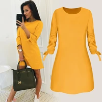 

2019 Spring New Fashion Solid Color Dress Casual O-Neck Loose Dresses 3/4 Sleeve Bow Elegant Beach Female Vestidos Plus Size