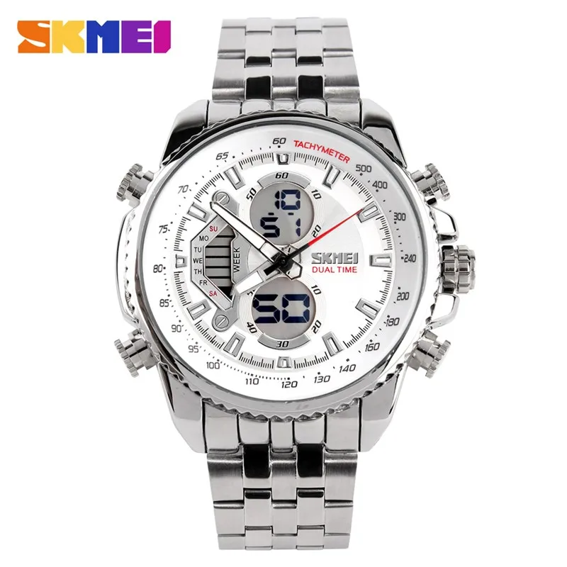 

top sell men luxury stainless steel strap analog led clock outdoor 30m waterproof dive military skmei digital watch instructions