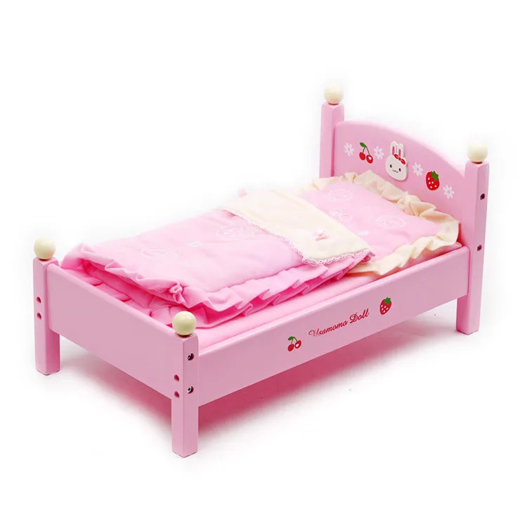 Pink Strawberry Girl Nontoxic Safety Wooden Baby Mini Toy Doll Bed