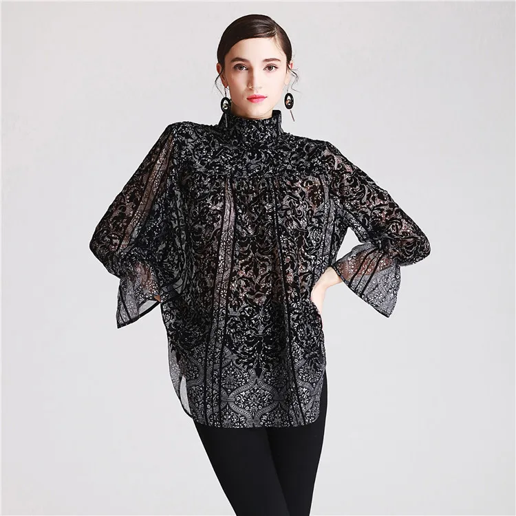 

women flocking print silk blouse