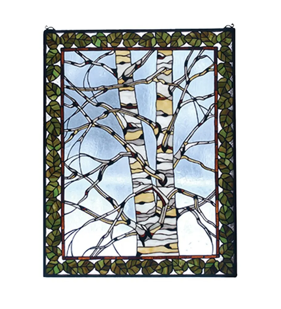 Meyda Hand Crafted Designed Art Decorative Panel 28"W X 36"H Birch Tree In Winter Stained Glass Window