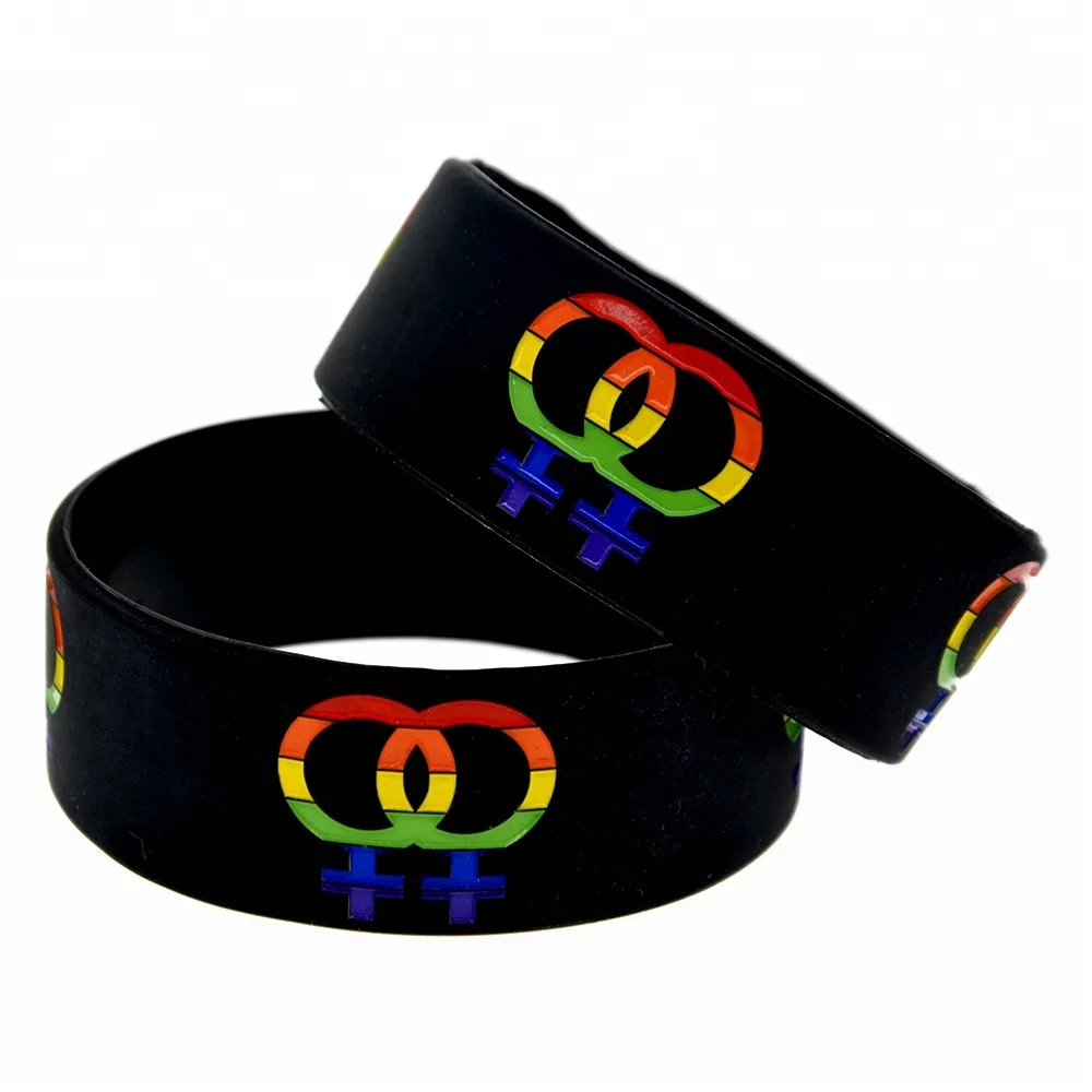 

25PCS One Inch Wide Black Bracelet with Rainbow Color Logo Girl Gender Icon Gay Pride Silicone Wristband