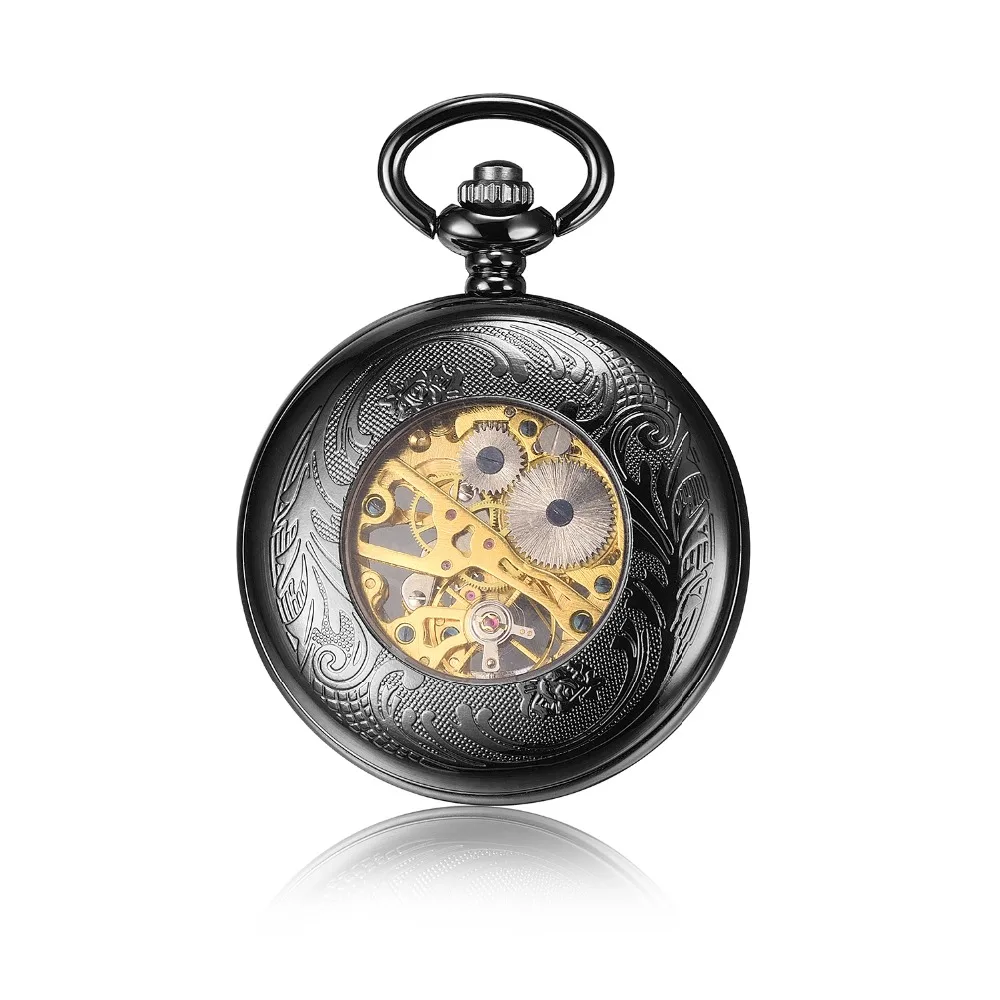 

customized my logo mechanical pocket watch chain custom black steampunk fob pocket watch bulk pendant mechanical watch men, Black/silver