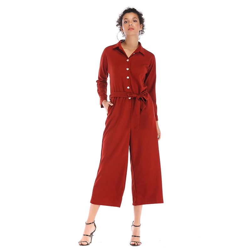 

Button Front Lace Up Bow Shirt Culottes Pant Casual Jumpsuit for Women Wide Leg Palazzo pants Single Breasted Button E5905