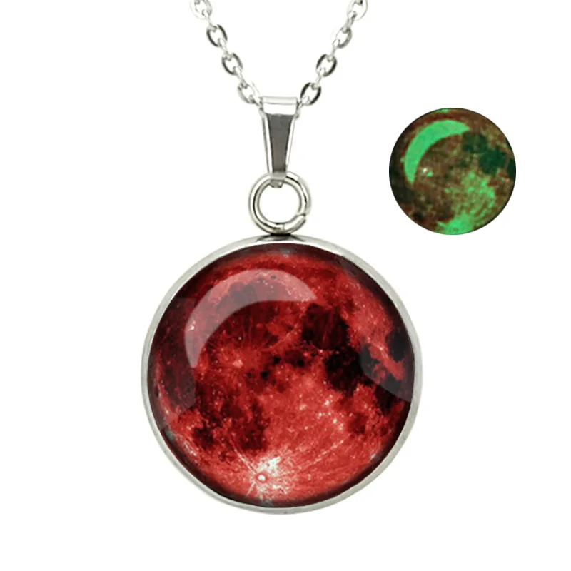 

Full Moon Light Round Glass Universe Women Necklace Stainless Steel Fairy Moon Glow In The Dark Luminous Pendant Necklace, 12 colors