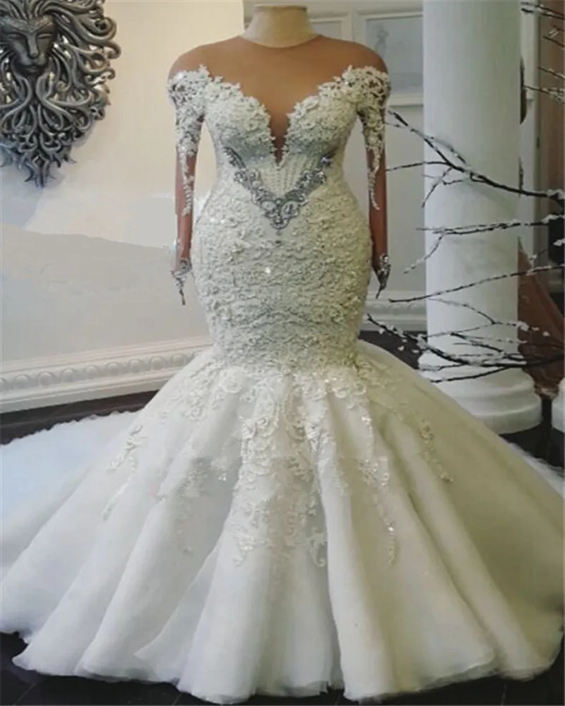 

Mermaid Plus Size Wedding dress Brand Beaded Lace Appliques Long Sleeve Bridal Gowns African Fishtail Wedding Gown
