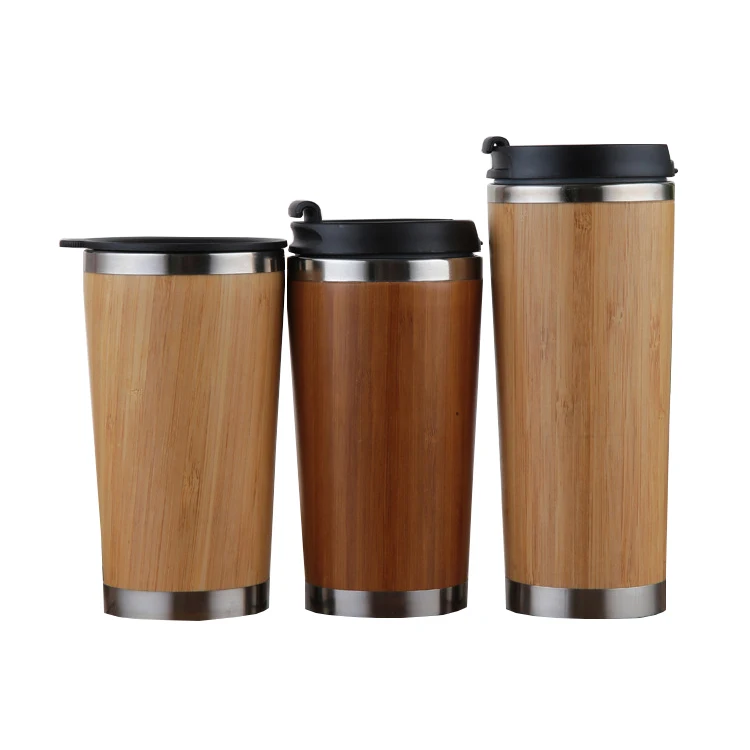 

wooden mug leak proof bamboo stainless steel insulated travel car travel water bottle with wood handles coffee beer barrel lid, Black