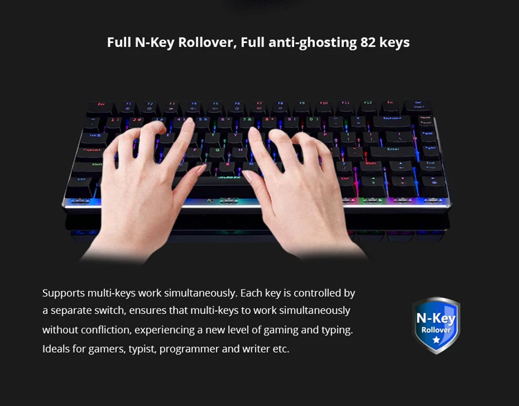 Ajazz 87keys mechanical gaming keyboard wired Russian/English layout RGB Backlit 82keys conflict free Black/blue Swithc AK33