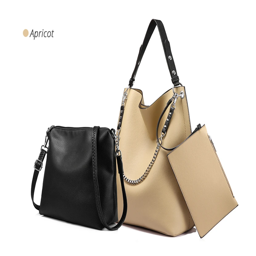 High Quality genuine Leather Women black Handbag Set 3 Pcs Large Capacity Tote bags