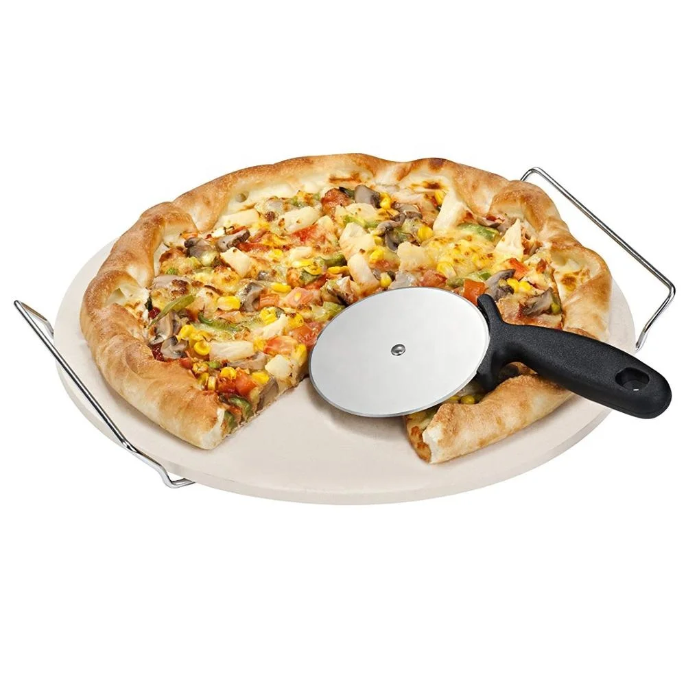 15 Inch Pizza Stone Set With Heavy Duty Chrome Stand With Free Pizza