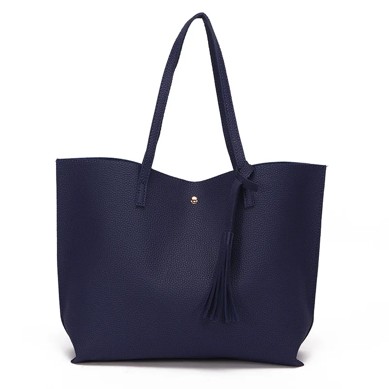 

Plain Fashion PU Leather Tote Tassels Bag For Women, As pictures